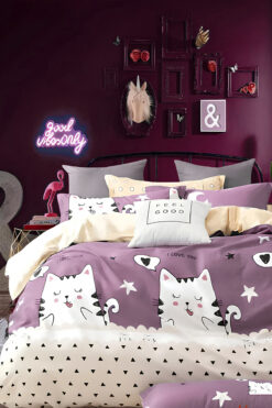 İQON Lastikli Çarşaflı Nevresim Takımı Çift Kişilik Sevimli Kediler Gülkurusu