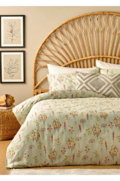 Bella Maison %100 Pamuk Saten Flores King Size Nevresim Seti Açık Yeşil (240x220 cm)