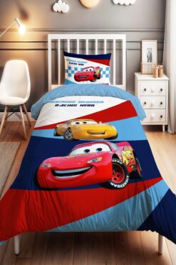 EVPANYA Şeritli Mcquen Desenli Tek Kişilik Bebek Çocuk Nevresim Seti