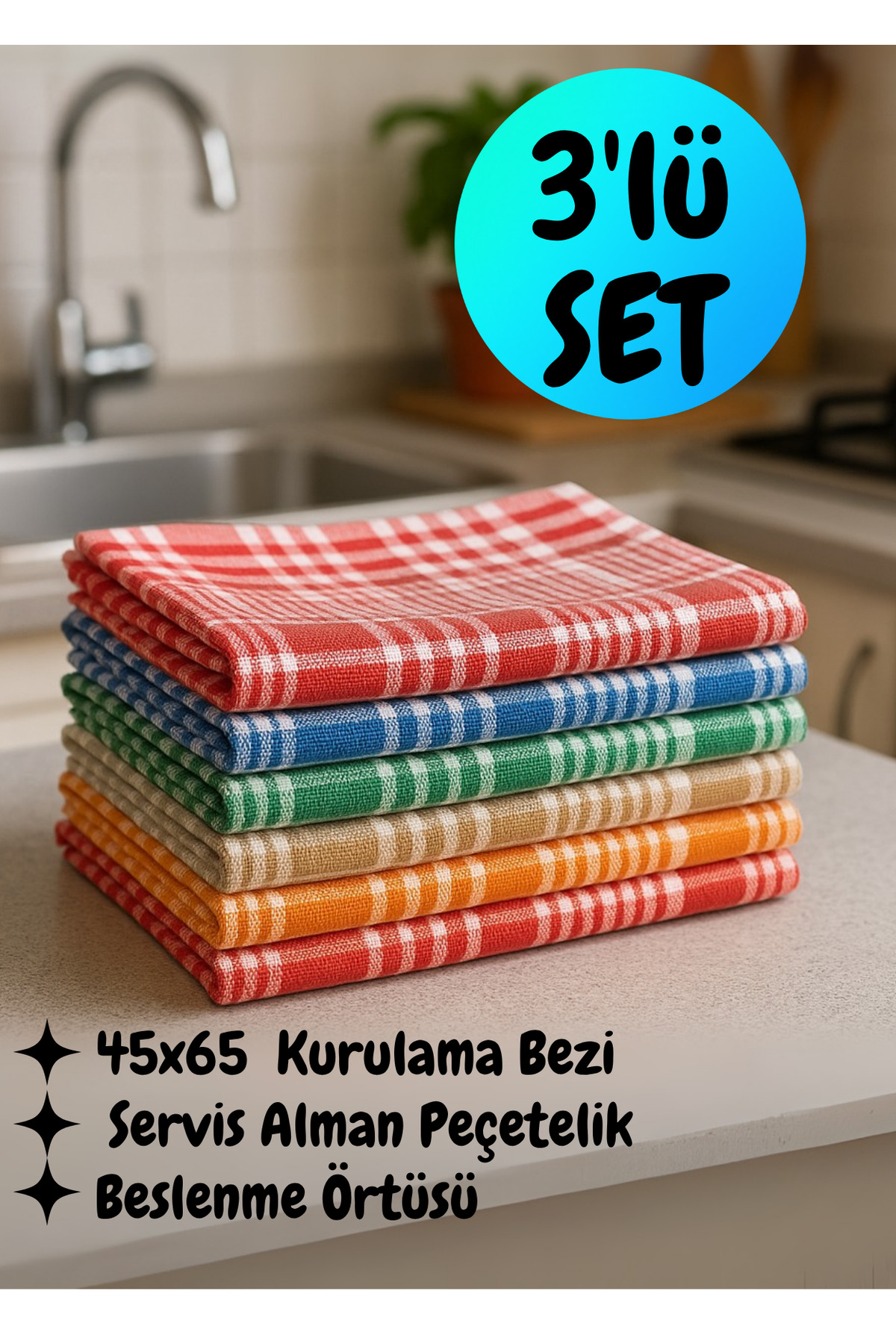 BRE HOME 3 Adet Mutfak Seti: Servis, Alman Peçetelik, Beslenme Örtüsü, Kurulama Bezi 45x65