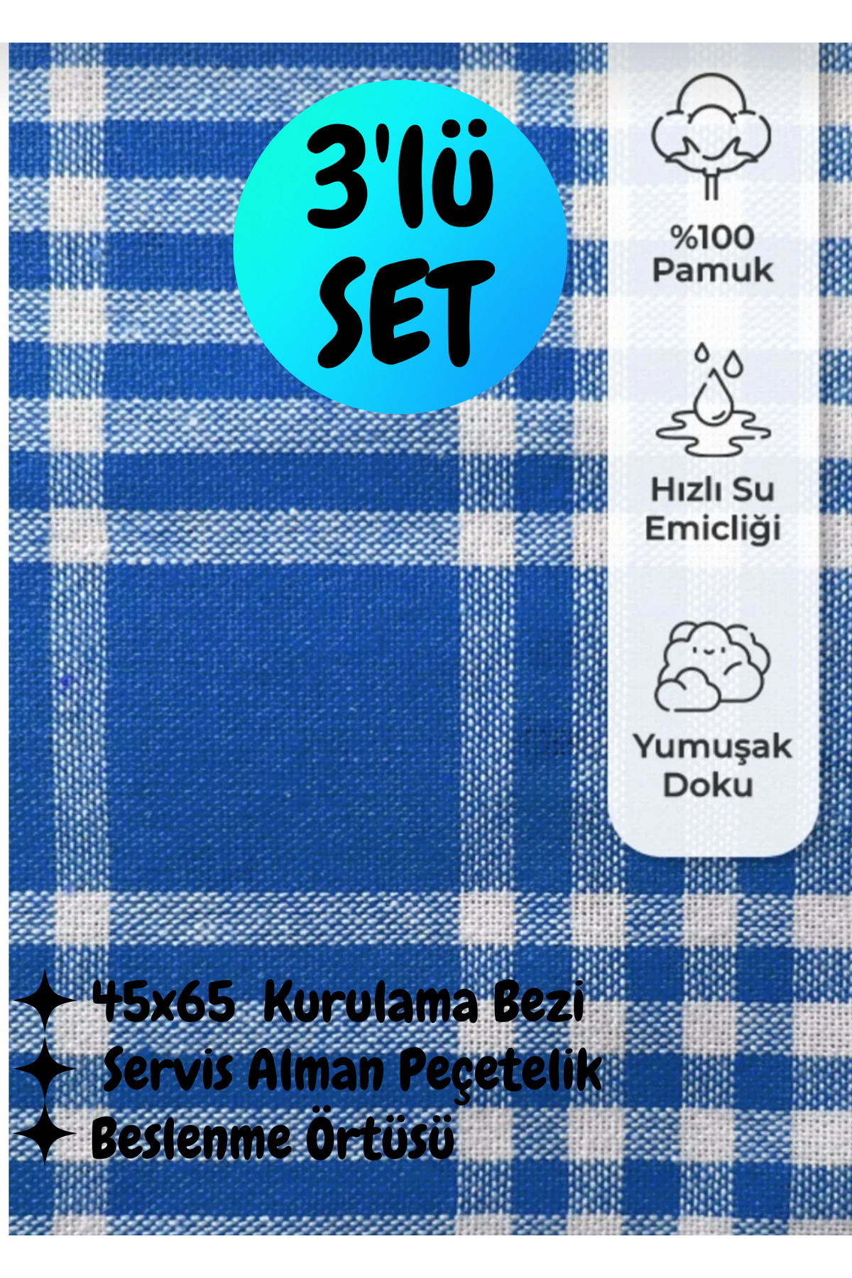 BRE HOME 3 Adet Mutfak Seti: Servis, Alman Peçetelik, Beslenme Örtüsü, Kurulama Bezi 45x65 - Görsel 3