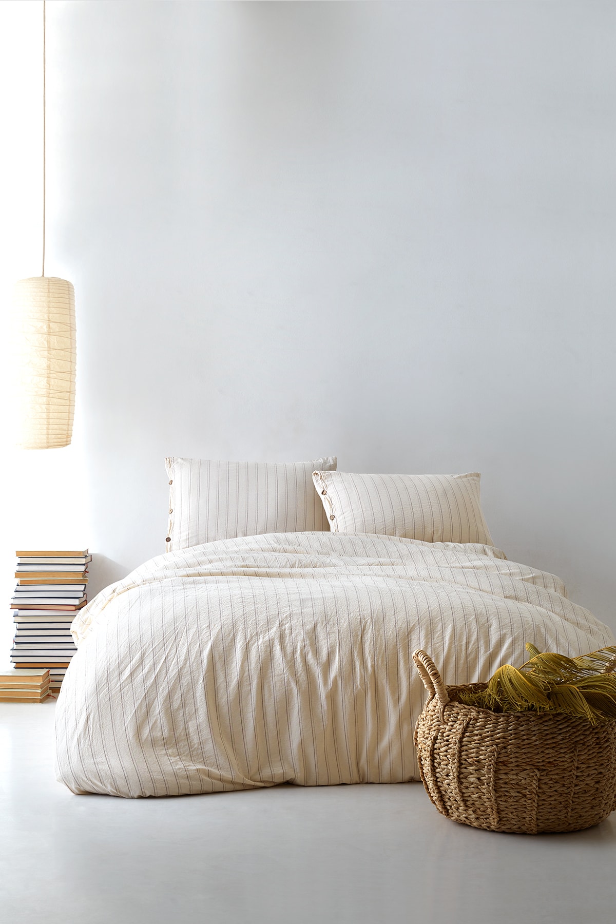 Berolige Sunday %100 Pamuklu Battal Boy Yıkamalı İplik Boya Çizgili Nevresim Takımı Kahverengi