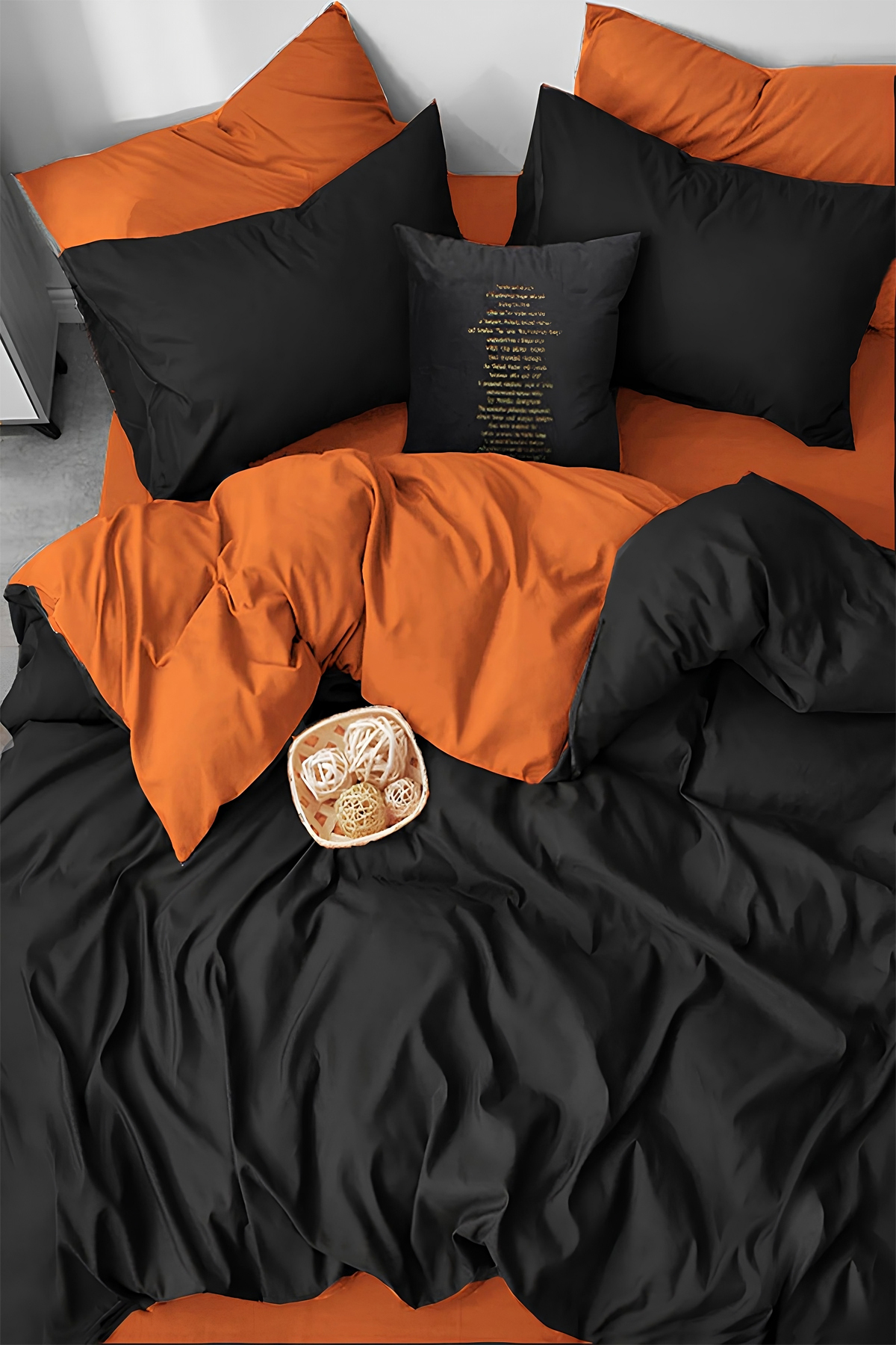 İQON Lastikli Çarşaflı Nevresim Takımı Çift Kişilik Orange-Siyah BlackOrange