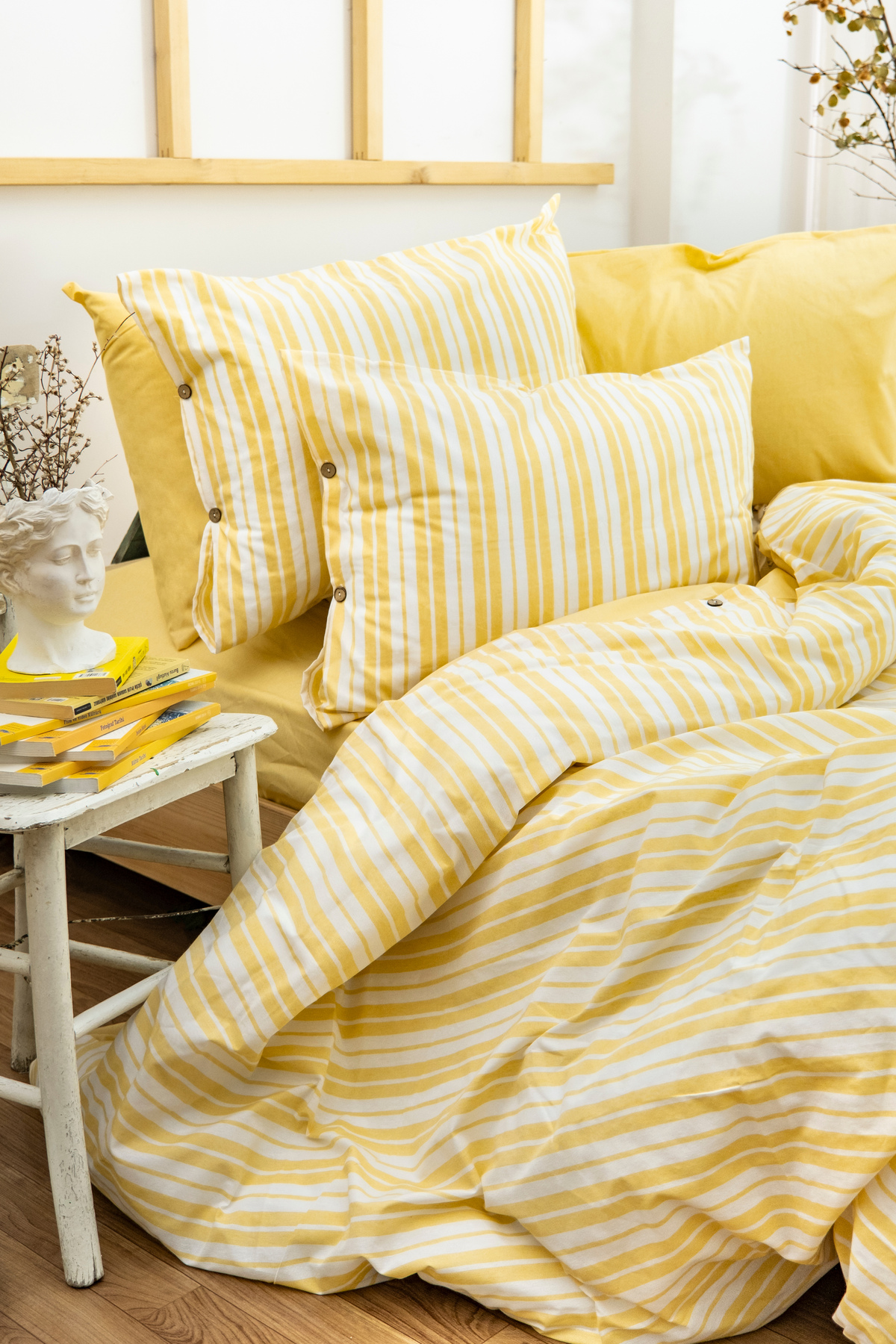 BESTİNA GOLD Harmony Hues İpliği Boyalı Doğal Çift Kişilik Nevresim Takımı (Çarşafı Lastikli)