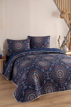 Enlora Home Çok Amaçlı Örtü Çift Kişilik Varak Lacivert