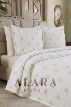 ALARA PİKE Krem Premium Ponponlu Şönil Çift Kişilik Yatak Örtüsü Takımı