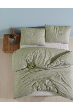 LADYNİL Lastikli Çarşaflı %100 Pamuk Çift Kişilik Nevresim Takımı Yeşil Başak