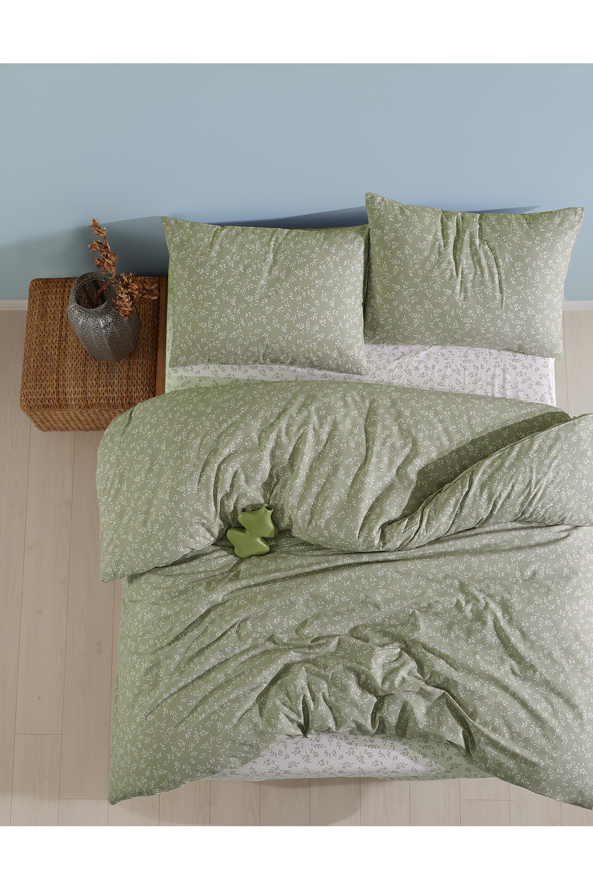 LADYNİL Lastikli Çarşaflı %100 Pamuk Çift Kişilik Nevresim Takımı Yeşil Başak