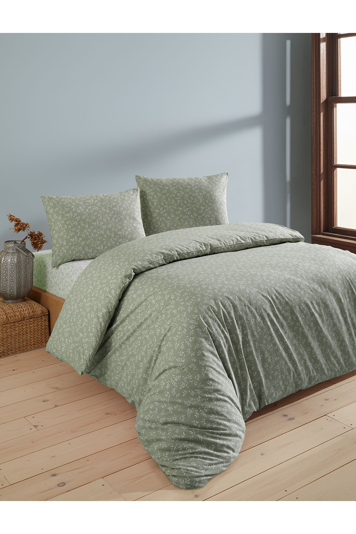 LADYNİL Lastikli Çarşaflı %100 Pamuk Çift Kişilik Nevresim Takımı Yeşil Başak - Görsel 2