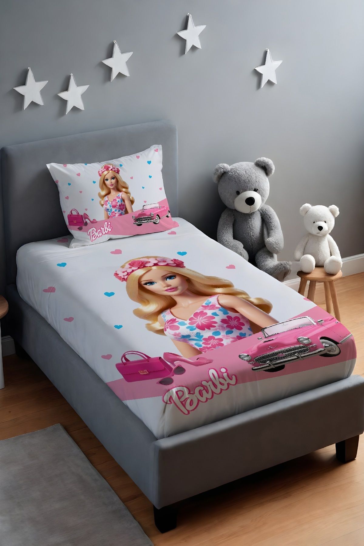 EVPANYA Pembe Arabalı Barbi Desenli Yatak Örtüsü ve Yastık Kılıfı - Görsel 2