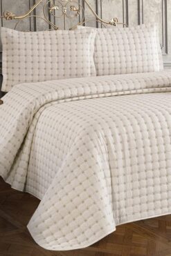 Çeyiz Diyarı Yıldız Çift Kişilik Kapitoneli Yatak Örtüsü Krem