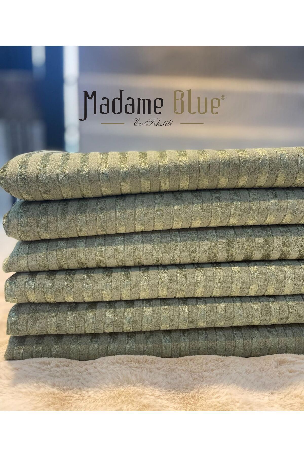 Madame Blue Bambu Çizgili Süngerli Kadife Kaymaz Çekyat Koltuk Örtüsü 170x210 Cm Haki Yeşil