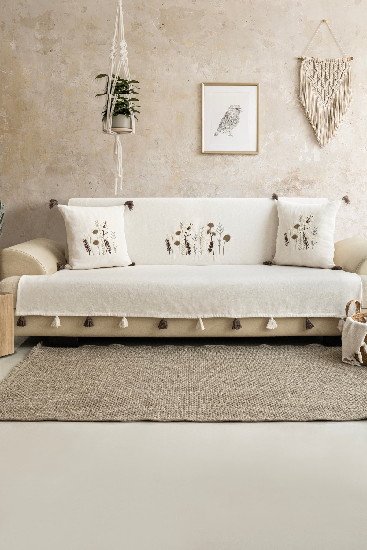 Lux Touch Peony Ekru Nakışlı Püsküllü Yıkamalı 170x210cm Koltuk Örtüsü Seti (2 Kırlent Kılıfı 45x45cm Dahil) - Görsel 2