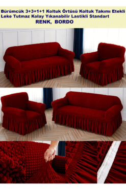 ARTUÇ Bürümcük Pamuklu (3-3-1-1) Koltuk Kanepe Örtüsü Lastikli Etekli Koltuk Kılıfı (BORDO RENK)