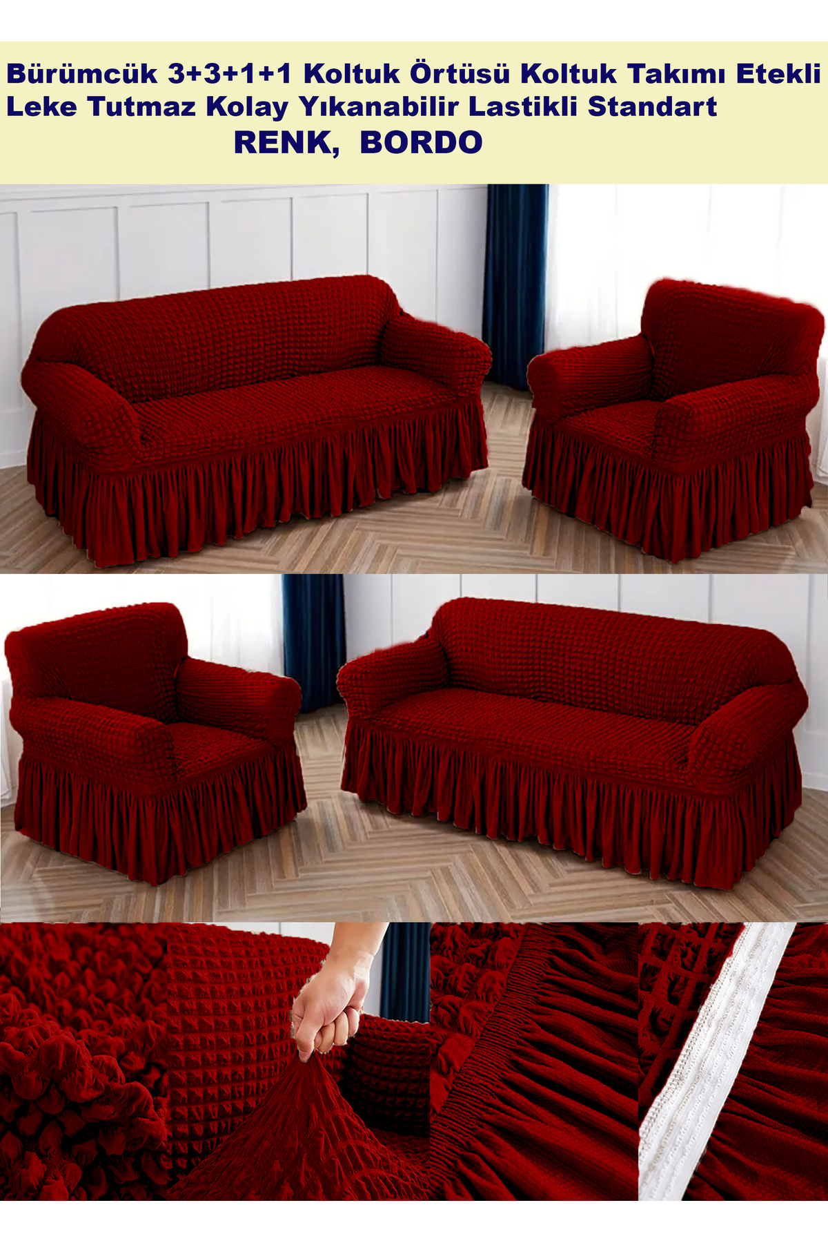 ARTUÇ Bürümcük Pamuklu (3-3-1-1) Koltuk Kanepe Örtüsü Lastikli Etekli Koltuk Kılıfı (BORDO RENK)