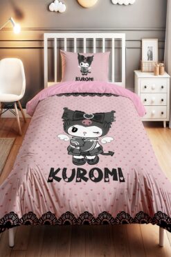 EVPANYA Pembe Kalpler ve Kuromi  Desenli Tek Kişilik Bebek Çocuk Nevresim Seti