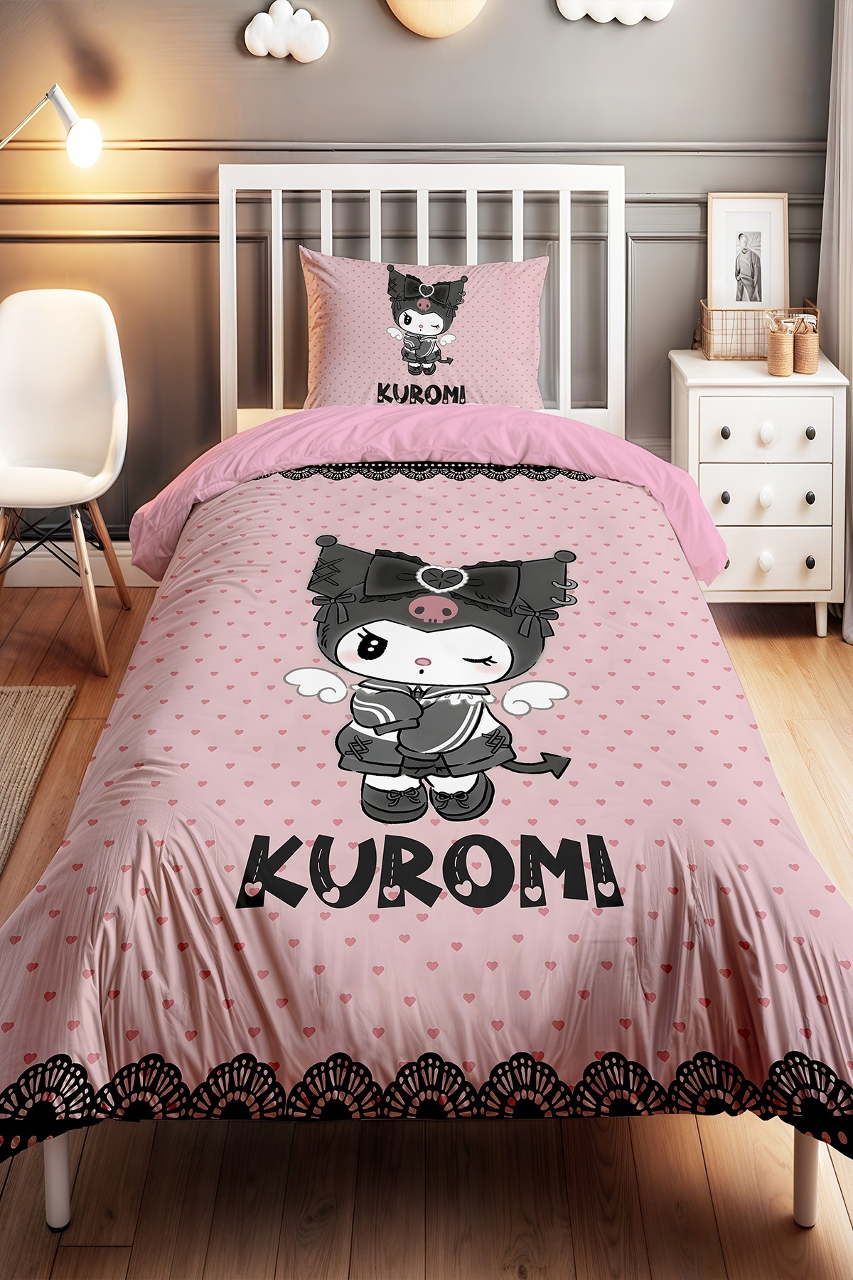 EVPANYA Pembe Kalpler ve Kuromi Desenli Tek Kişilik Bebek Çocuk Nevresim Seti