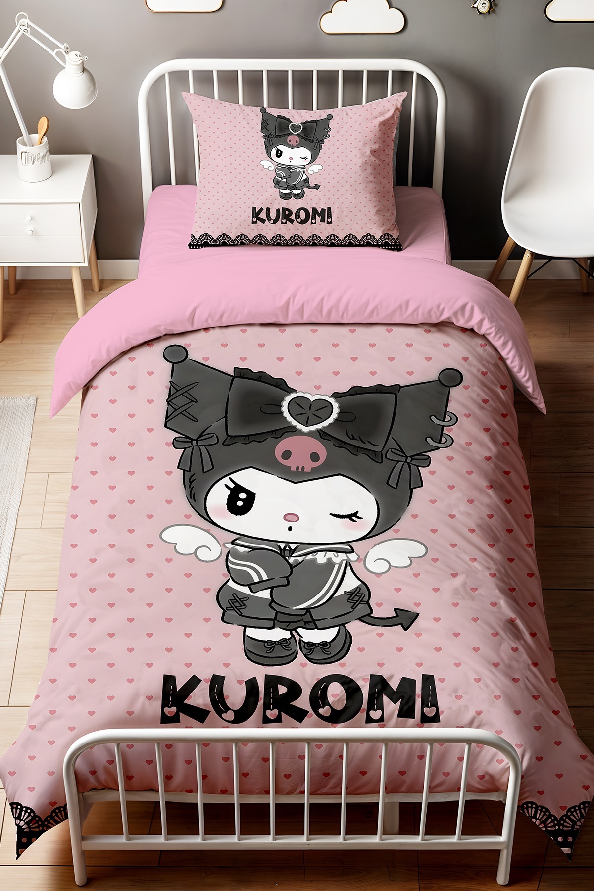 EVPANYA Pembe Kalpler ve Kuromi Desenli Tek Kişilik Bebek Çocuk Nevresim Seti - Görsel 2