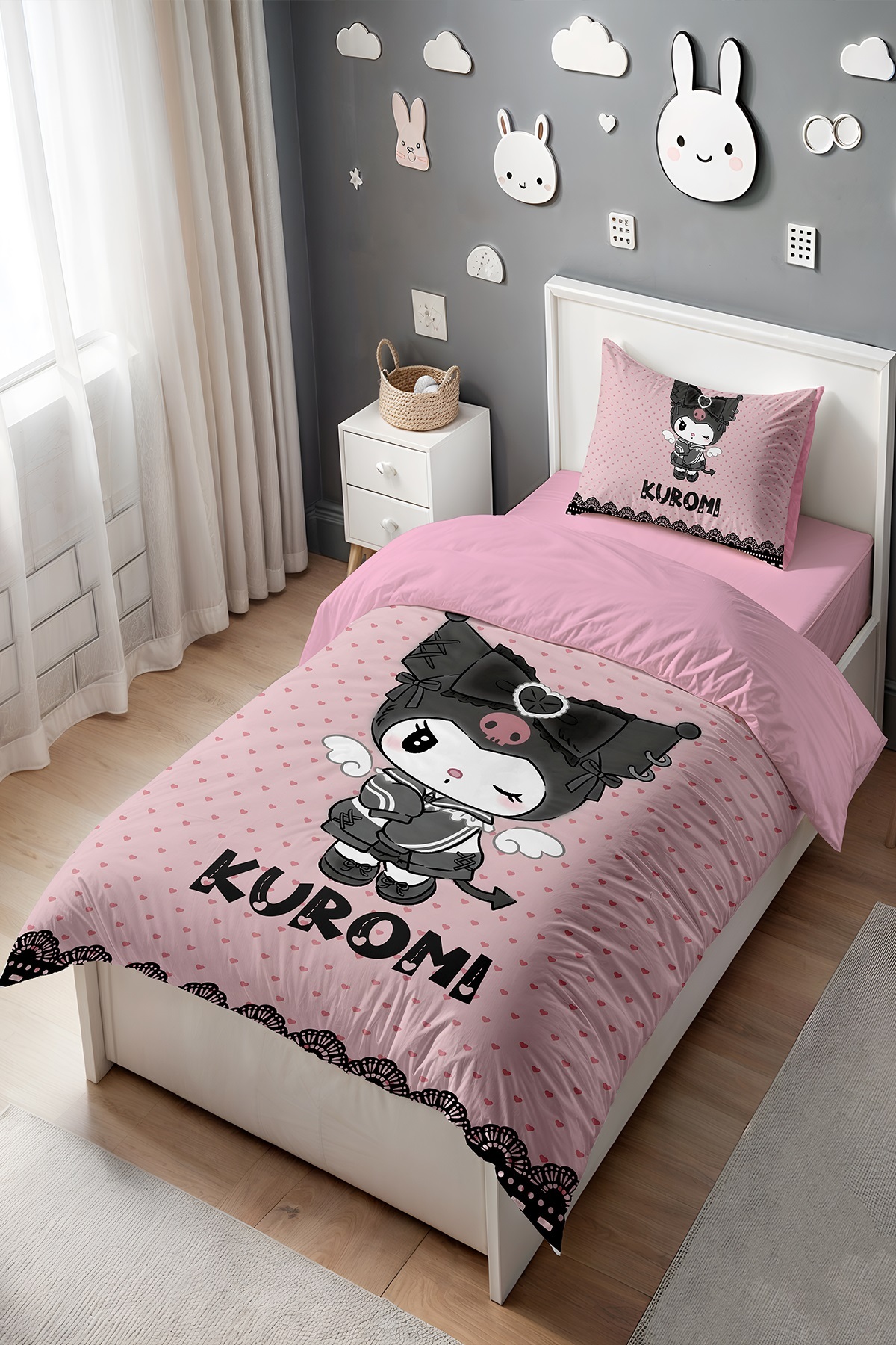 EVPANYA Pembe Kalpler ve Kuromi Desenli Tek Kişilik Bebek Çocuk Nevresim Seti - Görsel 3