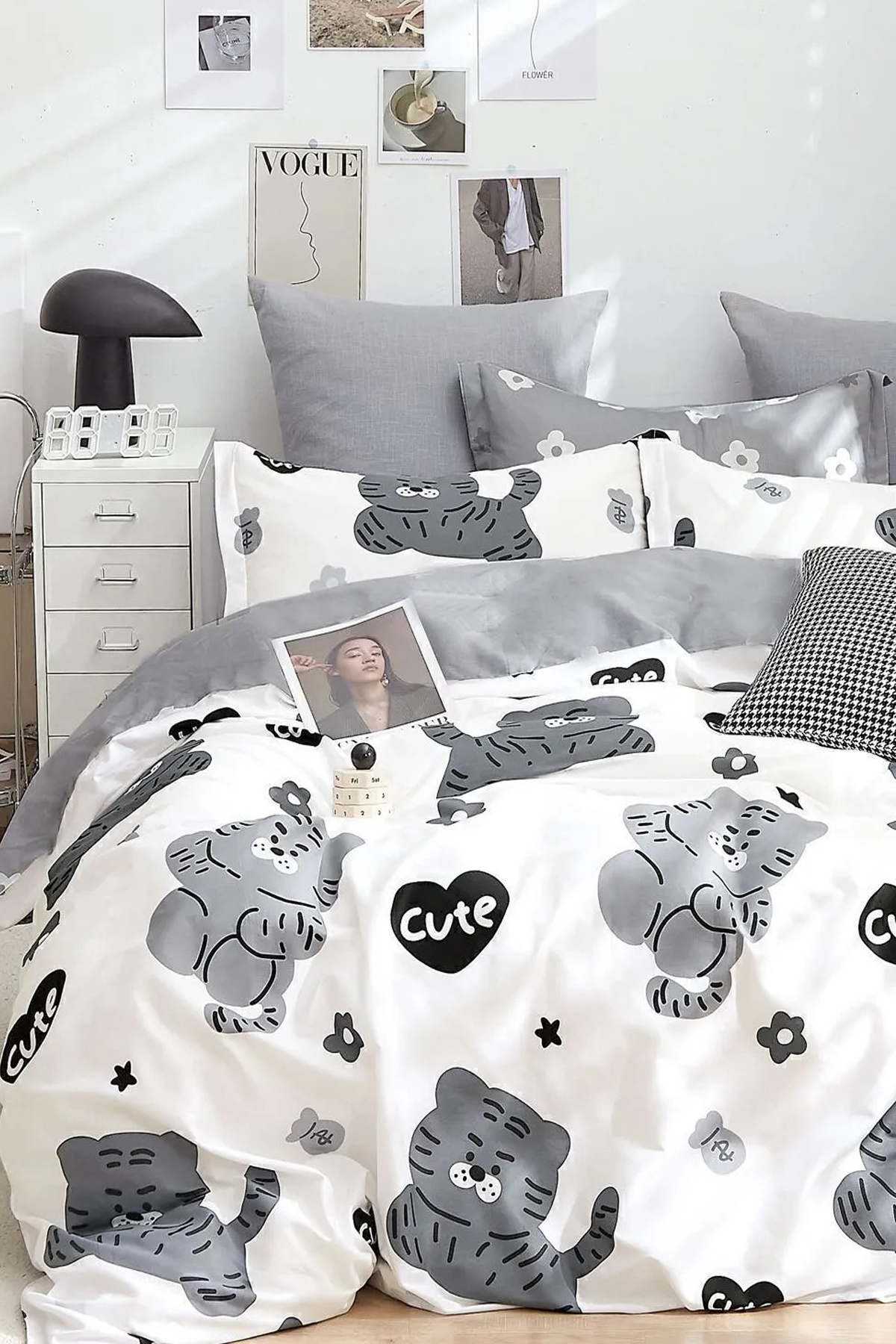 İQON Lastikli Çarşaflı Nevresim Takımı Tek Kişilik Cute Beyaz