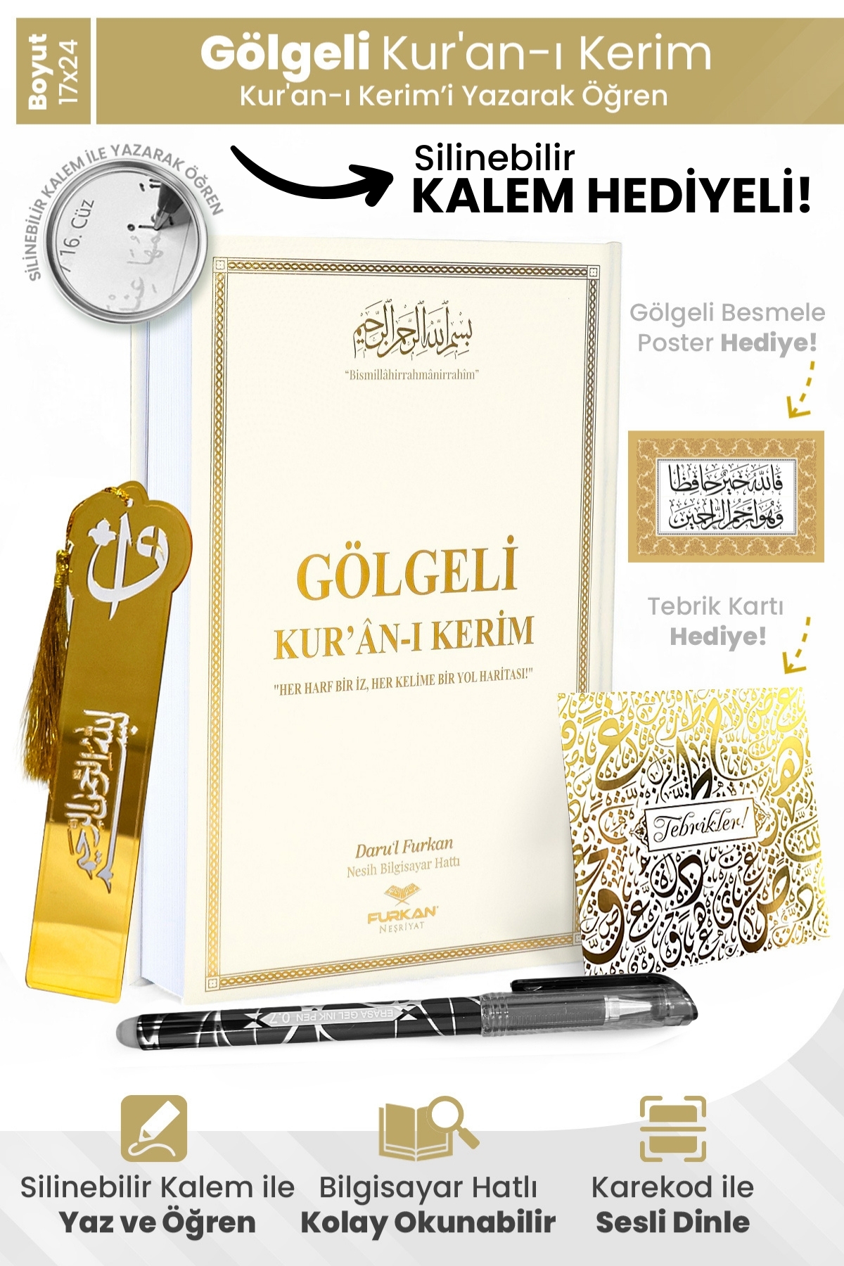 Furkan Neşriyat Orta Boy Arapça Sıvama Kapak Gölgeli Kuranı Kerim Krem Ve Silinebilir Tükenmez Kalem