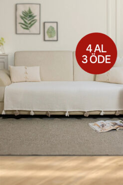 Lux Touch Liva Ponponlu Ekru Koltuk Örtüsü 115 x 200 cm Kanepe Divan Çekyat Berjer Örtüsü Şalı Püsküllü