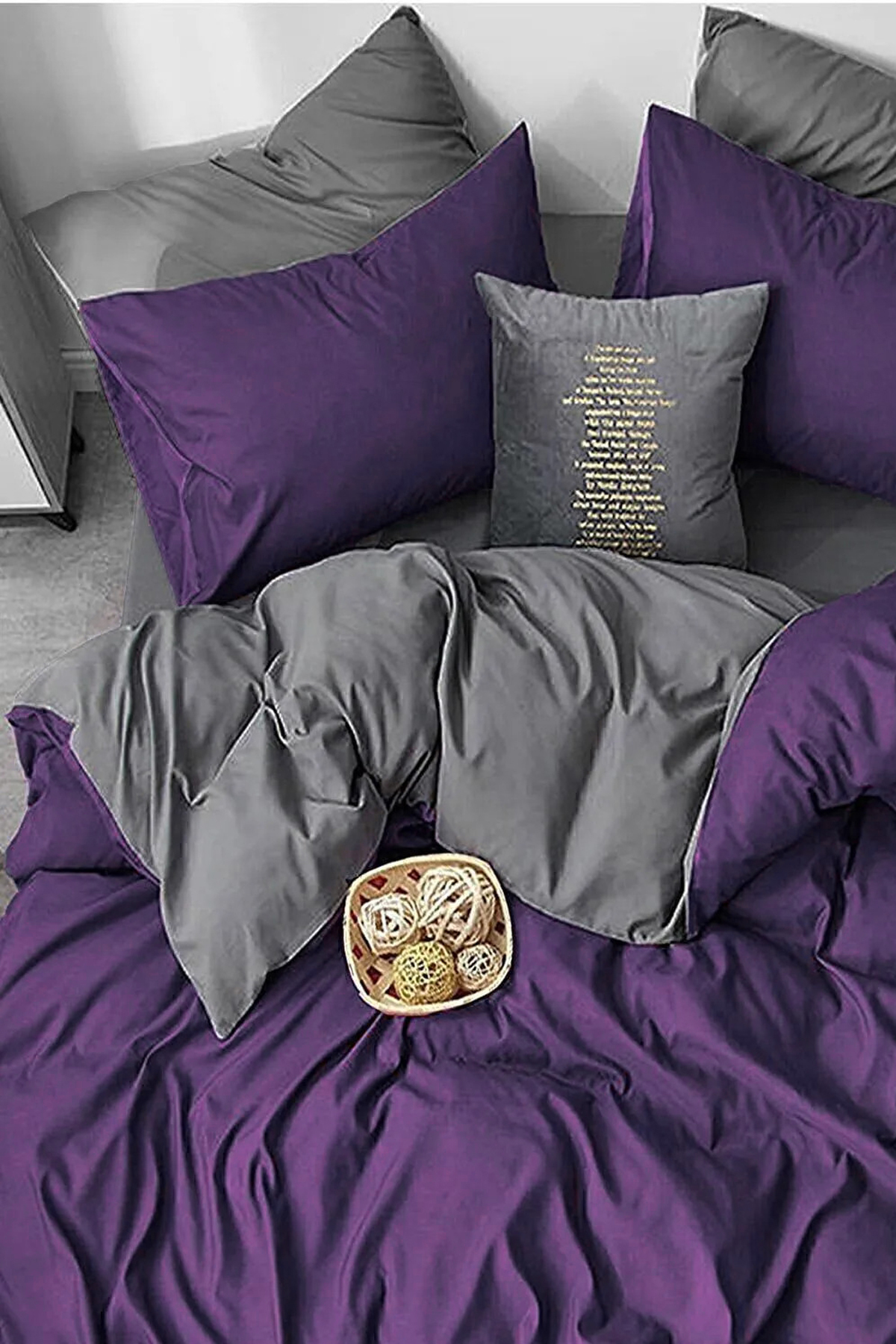 İQON Lastikli Çarşaflı Nevresim Takımı Çift Kişilik Mürdüm - Gri - Görsel 2