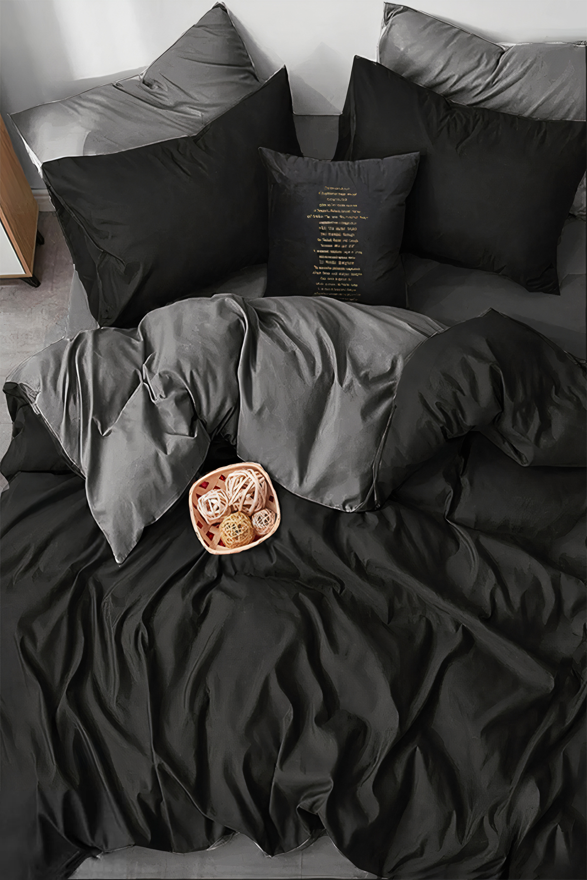 İQON Lastikli Çarşaflı Nevresim Takımı Çift Kişilik Gri-siyah Blackgrey