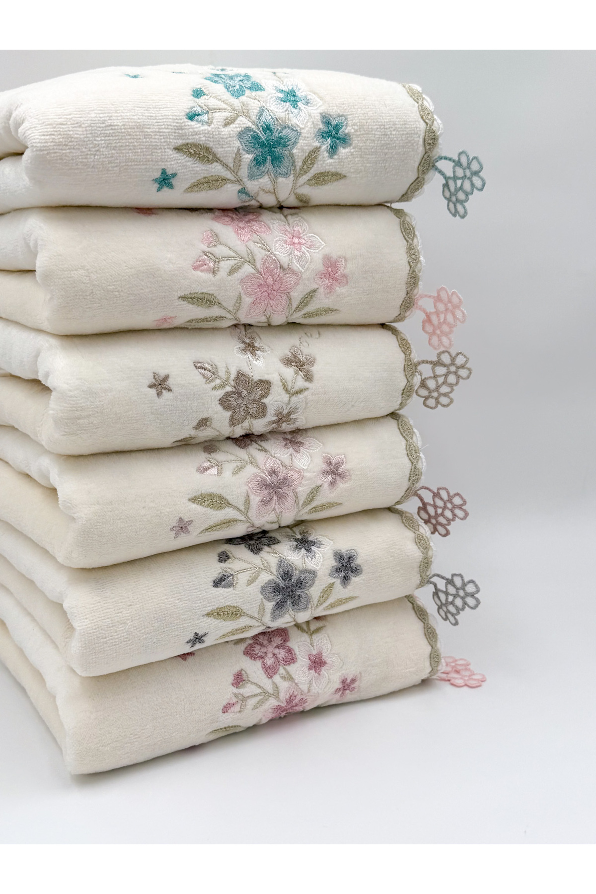 AYHANHOME 6'lı Çiçek Küpeli İşleme Renkli Çeyizlik 30x50 Mutfak Havlu Seti