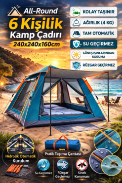 MUBX 6 Kişilik Tam Otomatik Kamp Çadırı 240x240x160 cm Su Geçirmez , Gölgelikli Kolay Kurulum Çadır