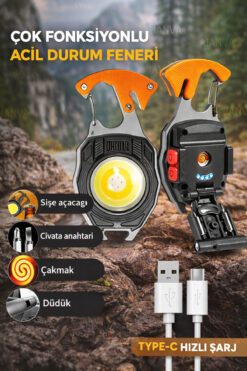 Janva Kamp Feneri Çok Fonksiyonlu Fener Anahtarlık Usb Çakmak Cam Kırıcı Kesici Düdük Tornavida Açacak