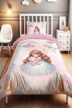 EVPANYA Ayıcıklı Prenses Desenli Tek Kişilik Bebek Çocuk Nevresim Seti