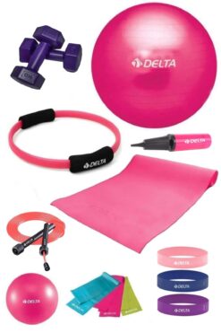 Delta 140 - 159 Cm Boya Uygun 14 Parça Pilates Seti 55 Cm Top 4 Mm Minder Çember Squat Bandı 1 Kg Dambıl