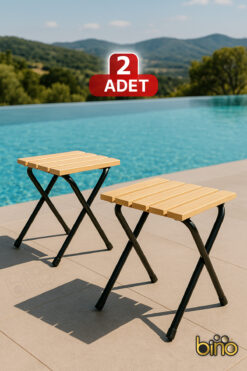 Bino 2 ADET Kamp ve Bahçe Taburesi Sandalye Suya Dayanıklı Şık Ahşap Tasarım Katlanır Ahşap Kamp Taburesi