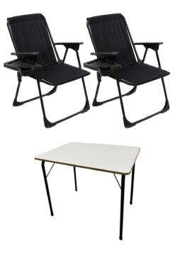 moniev Natura 2 Adet Kamp Sandalyesi Katlanır Sandalye Dikdörtgen Bardaklıklı Siyah Katlanır Mdf Masa