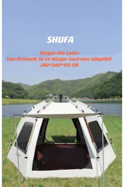 SHUFA Tam Otomatik Su Ve Rüzgara Dayanıklı Gölgelikli Altıgen Aile Çadırı 280x240x155 Cm Bej