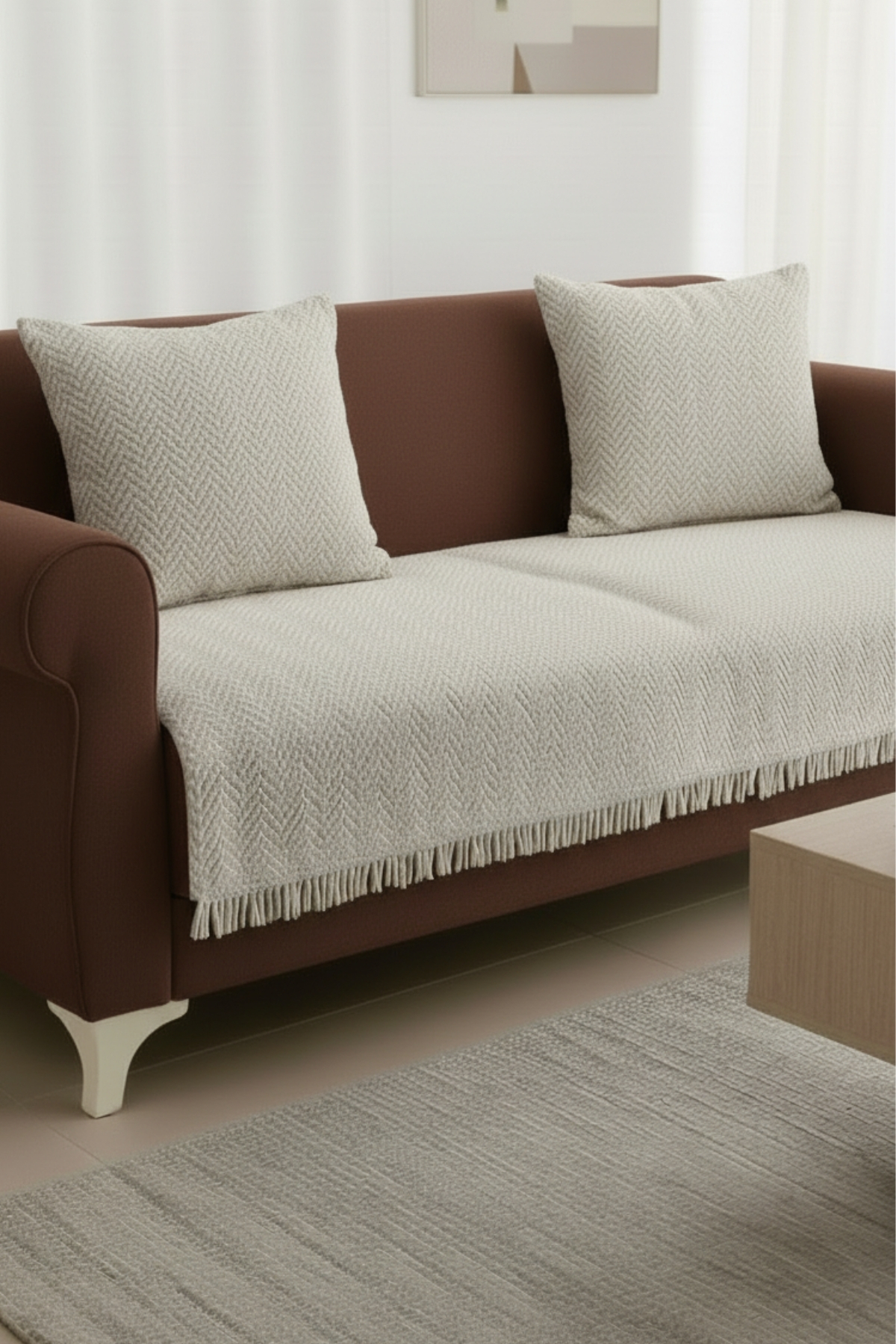 Senpai NaturaLux Pamuklu Bohem Koltuk Oturma Yerini Kapatan Çekyat Berjer Örtüsü Şalı | 100x210 Krem