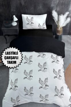 Ricco Lifes Taraftar Kara Kartal Tek Kişilik Lastikli Çarşaflı Pamuklu Nevresim Takımı