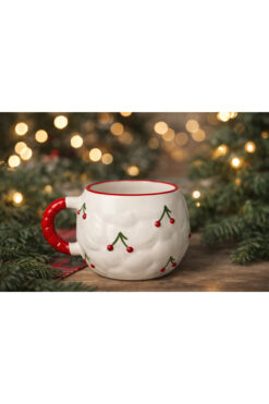 Kotium Ceramics Kabartma Kupa İÇİ KİRAZ DESENLİ Özel Kabartmalı Tamamıyla El Yapımı Seramik Kupa