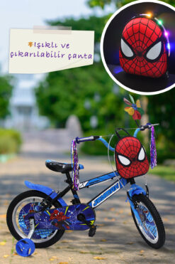 Joymax Erkek Çocuk Bisikleti 16 jant Mavi - Led Işıklı Örümcek a. Figürlü Çantalı,Püsküllü