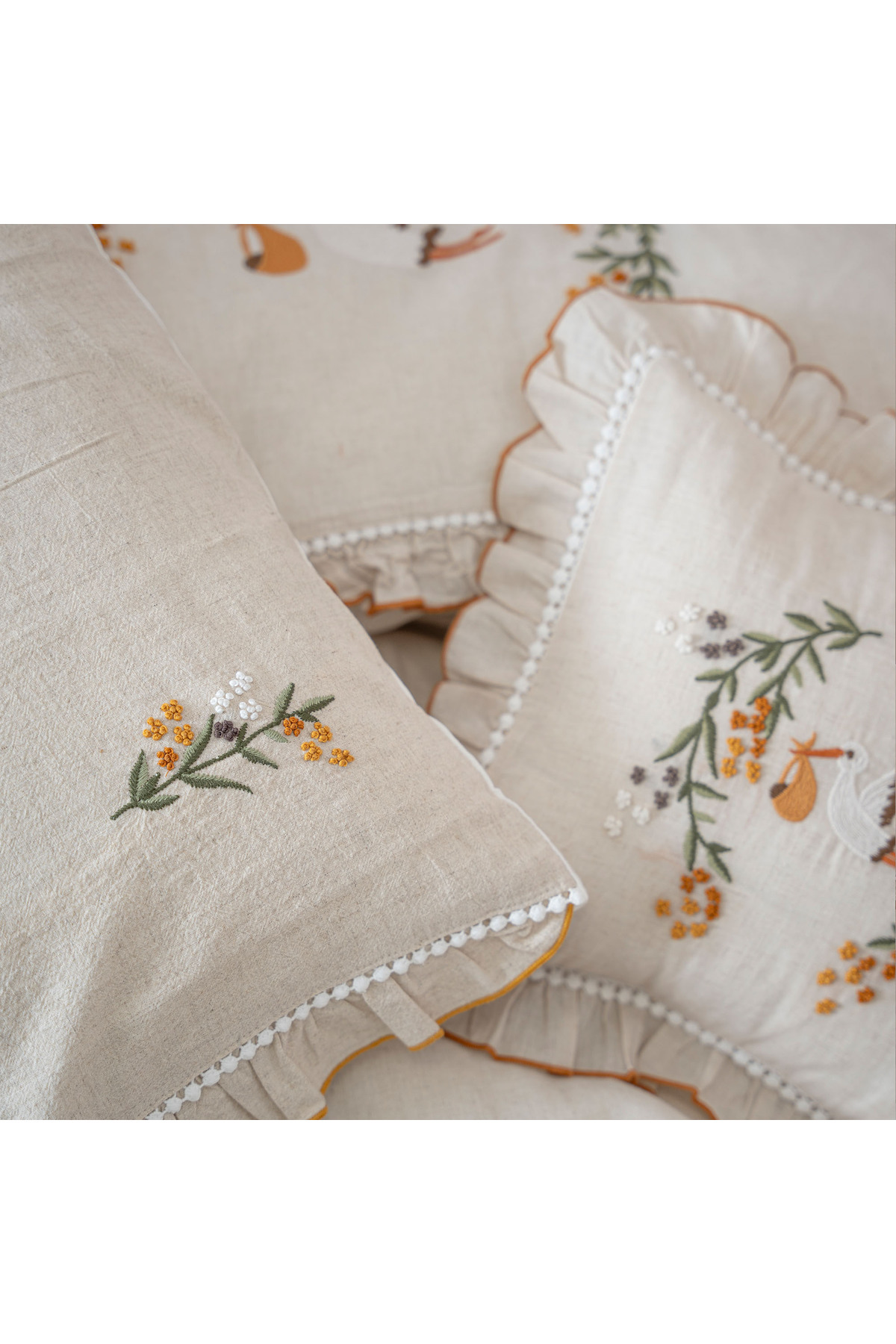 Ecocotton Polina Kız Bebek Nevresim Takımı %100 Keten El Nakışlı Bej 100x150 Cm - Görsel 3