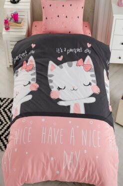 LaLiva Çarşafı Lastikli Doğal Sağlıklı Pamuk Kedili Siyah-pembe Tek Kişilik Çocuk Nevresim Takımı