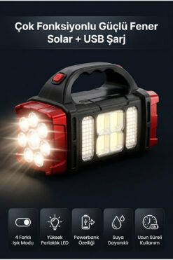 DEMPOWER Güneş Enerjili Powerbank Özellikli LED El Feneri 4 Işık Modu Suya Dayanıklı Çok Fonksiyonlu