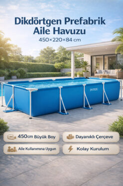 YILDIRIM OYUNCAK 450x220x84 cm Dikdörtgen Prefabrik Aile Havuzu | Büyük Boy Dayanıklı Çerçeveli Bahçe Havuzu