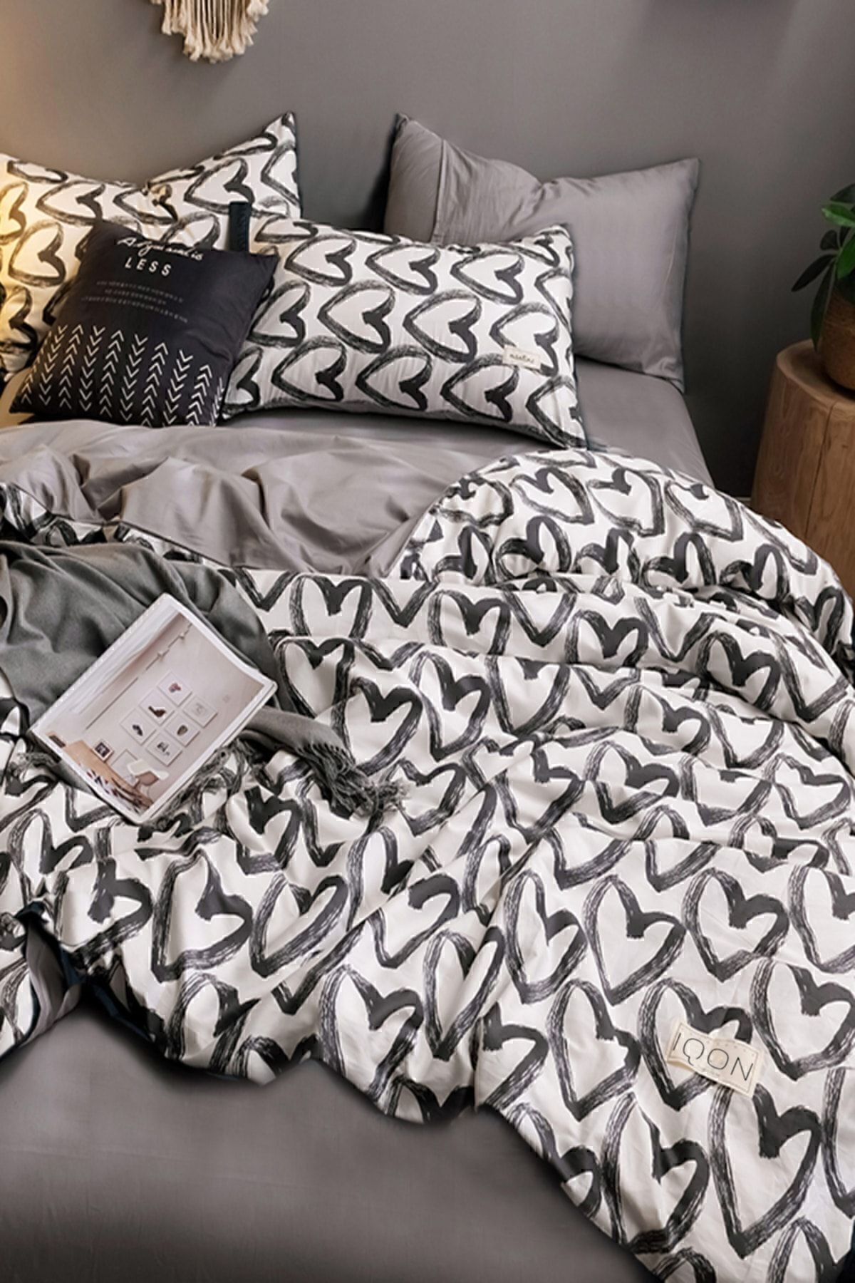 İQON Lastikli Çarşaflı Nevresim Takımı Tek Kişilik Love Kalp Gri - Görsel 3