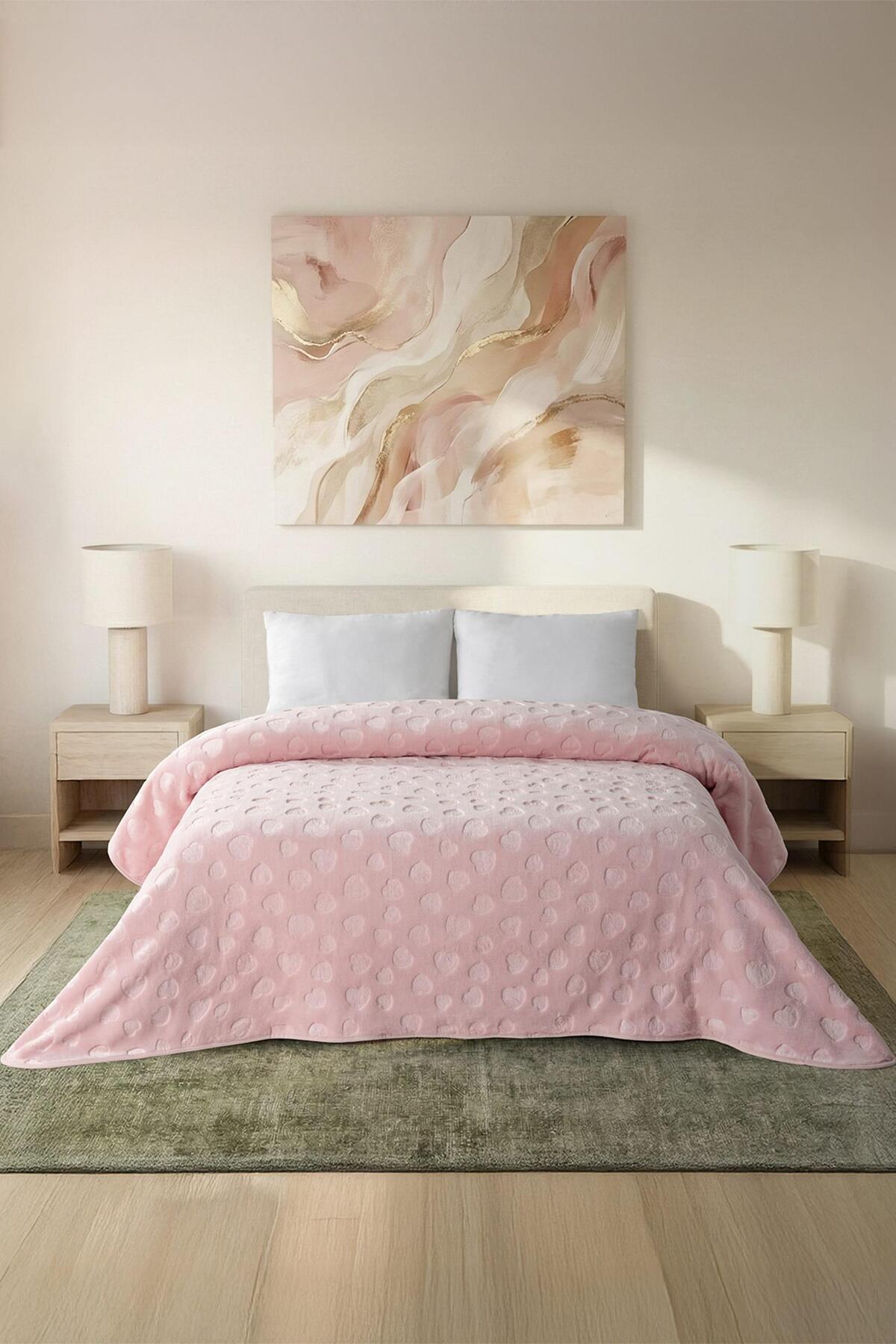 Soley AMORE | Emboss Kabartmalı Kalpli Çift Kişilik Battaniye | 220x240 cm