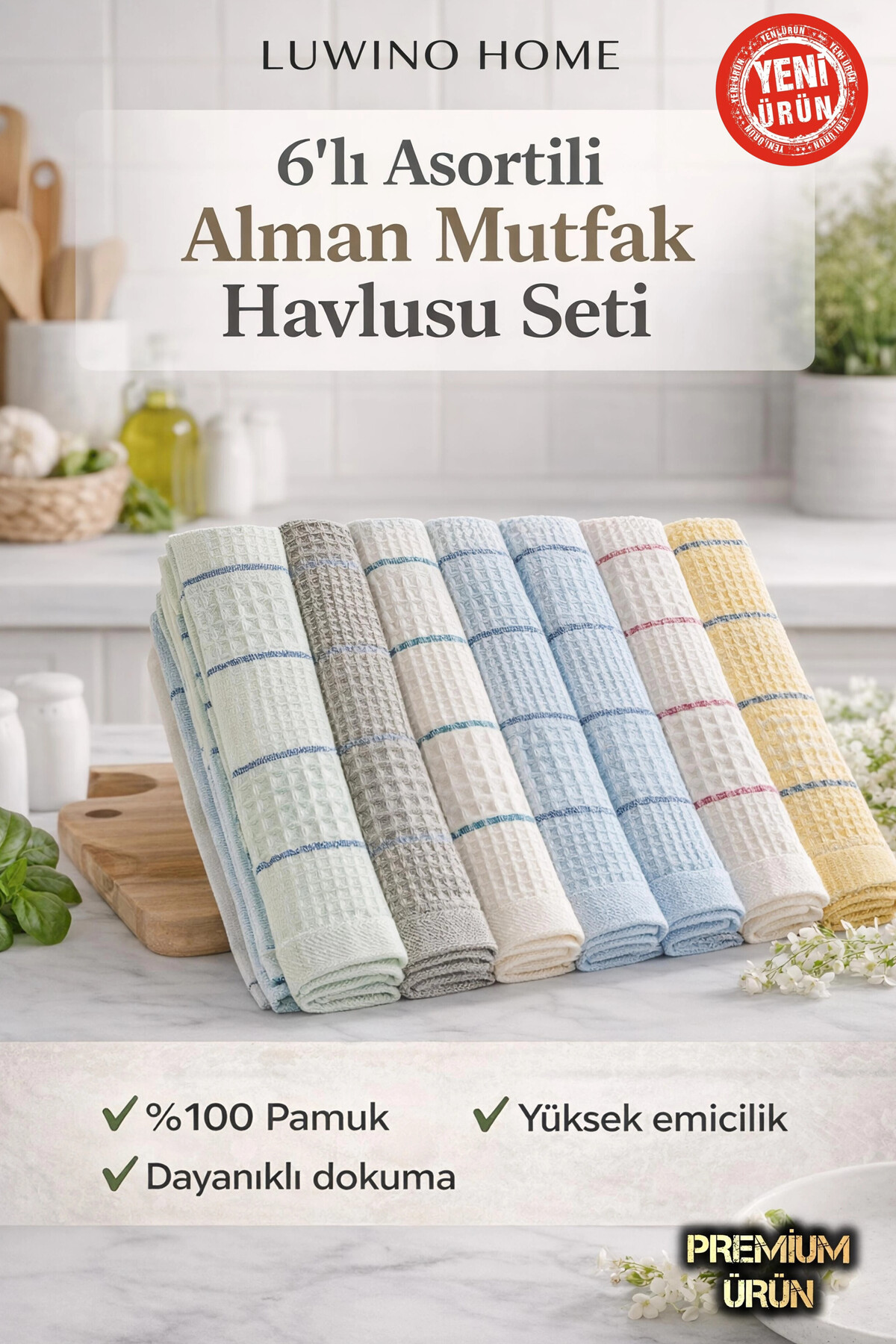LUWİNO HOME Mutfak Kurulama Bezi 6'lı Set 40x60 cm Mikrofiberli, Alman Peçetesi ,İz Bırakmaz Yüksek Emici Bez