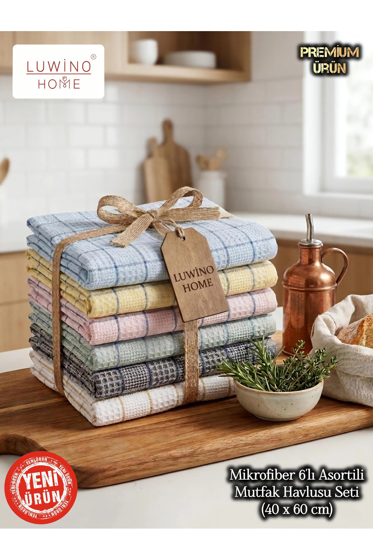 LUWİNO HOME Mutfak Kurulama Bezi 6'lı Set 40x60 cm Mikrofiberli, Alman Peçetesi ,İz Bırakmaz Yüksek Emici Bez - Görsel 2