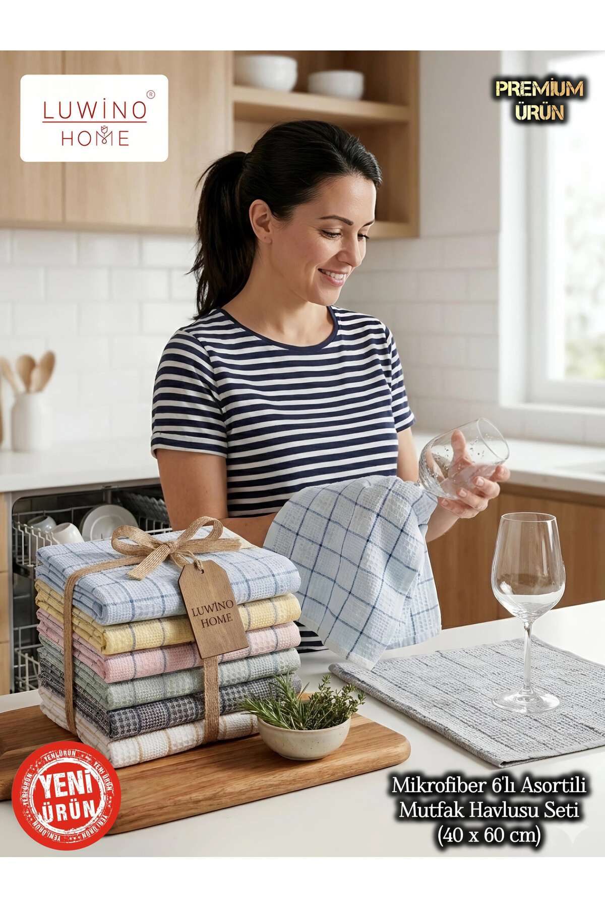 LUWİNO HOME Mutfak Kurulama Bezi 6'lı Set 40x60 cm Mikrofiberli, Alman Peçetesi ,İz Bırakmaz Yüksek Emici Bez - Görsel 3
