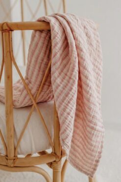 Cigit Kalın Biyeli Çift Kat Ham Organik Müslin Battaniye 85X90 Cm Mint Yeşili-Gül Kurusu